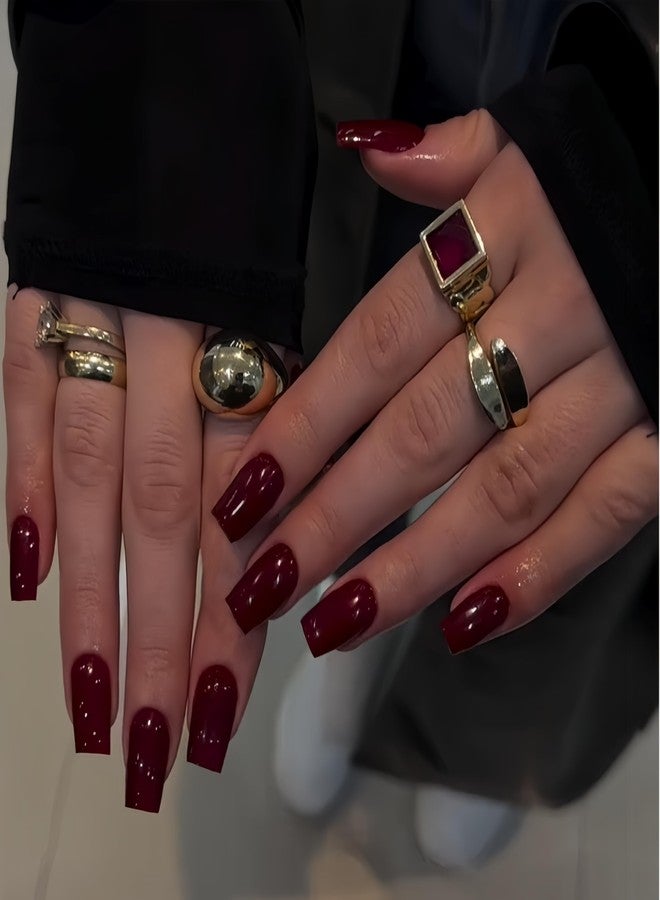 XCREANDO Burgundy Nails Press ons, Press on Nails Medium Square Glue on Nails Short Acrylic Glue on Medium Coffin Nail Gel Fake Nail False for Women, Thick Solid Color 24Pcs - Image 1
